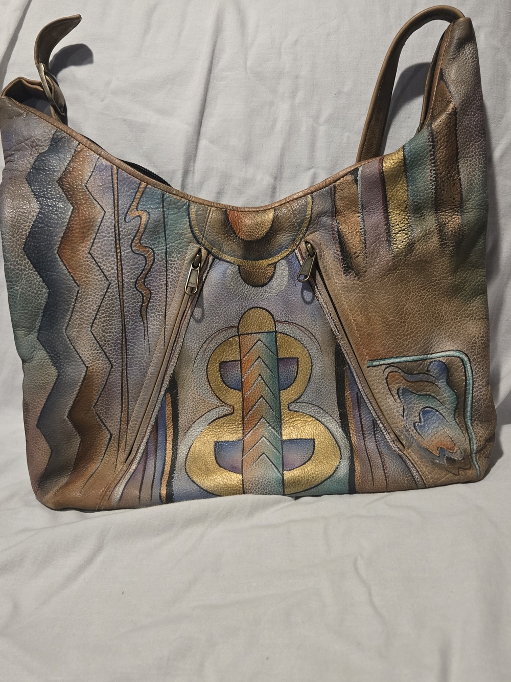 VTG Anuschka Hand Painted Leather Hobo Bag Abstract ArtDeco Geometric Double Zip
